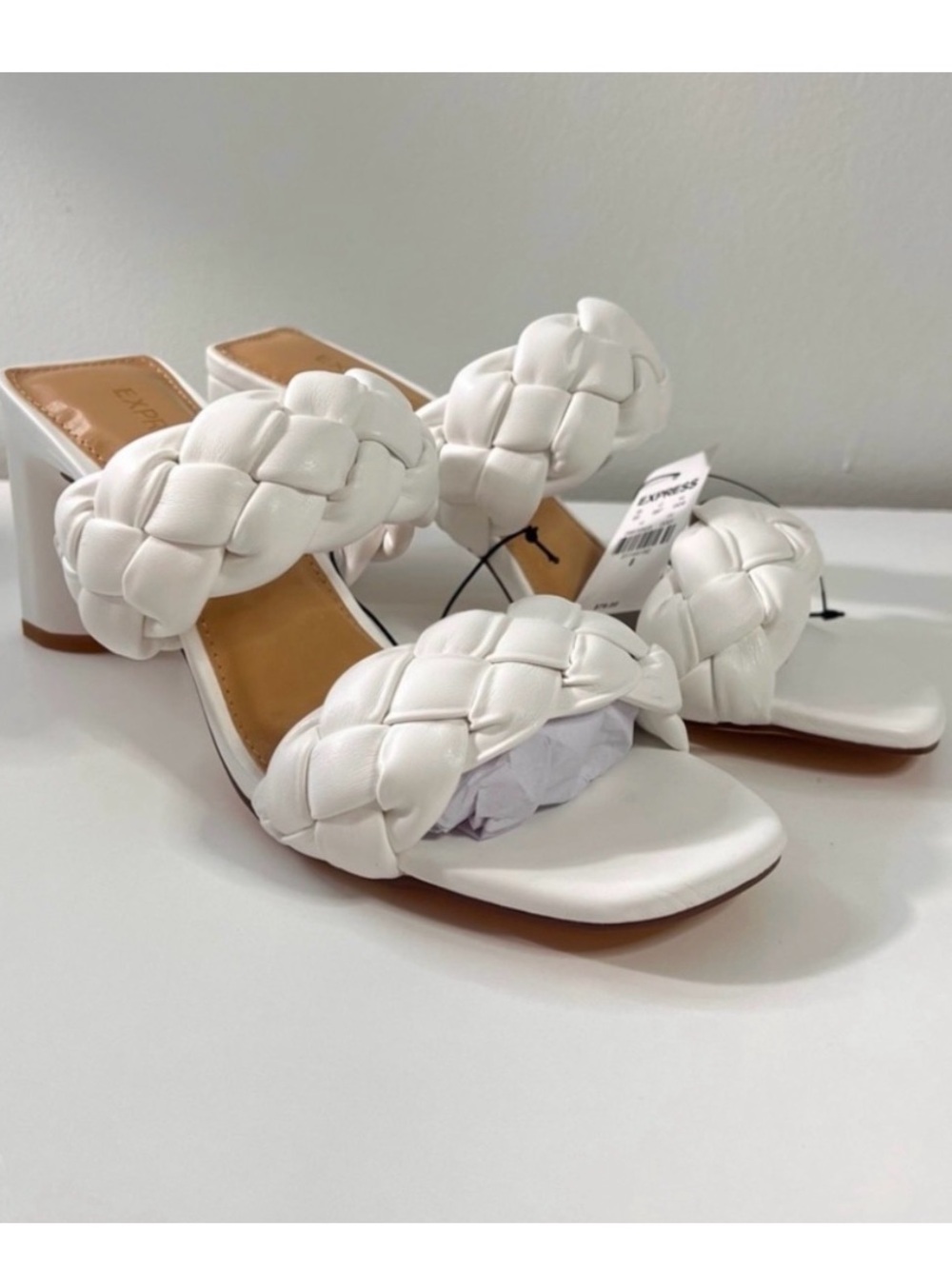 Express White Braided Double-Strap Block Heel Sandals